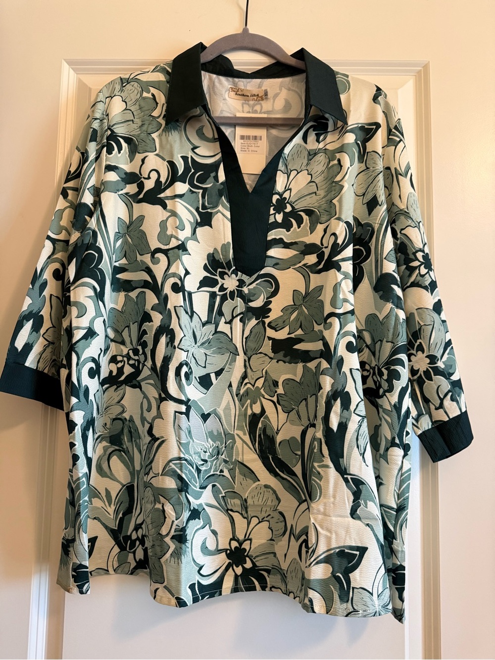 Southern Stitch Floral V-Neck Blouse in Light Green and Dark Green